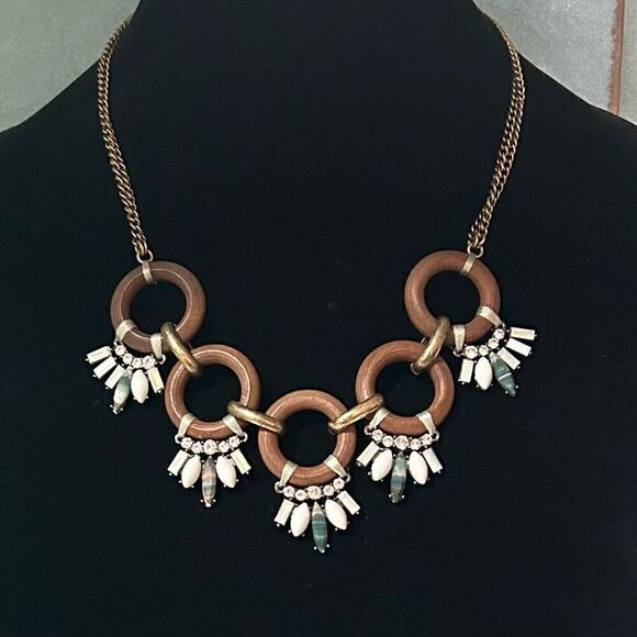 Gold-Tone Double Strand Chain Bib Necklace 16" Gemstone Linked Wooden Rings - Picture 1 of 6